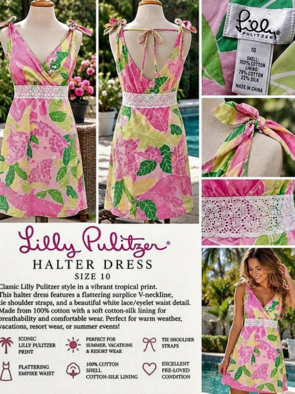 Lilly Pulitzer Halter Dress Floral Halter Mini Dress in Pink & Green Size 10